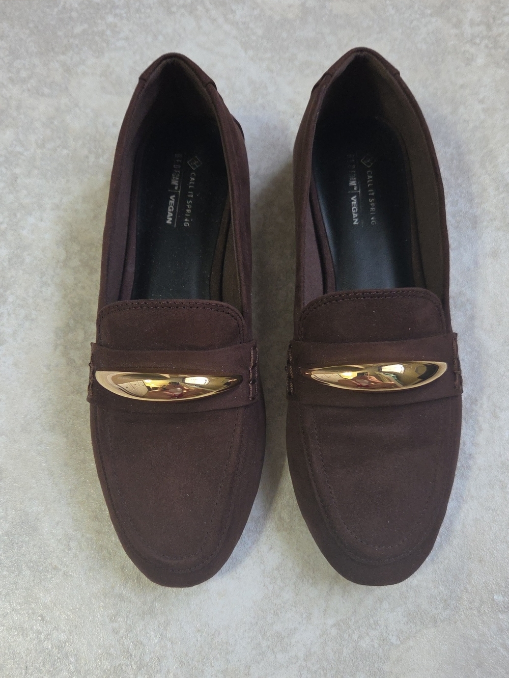 Vegan Suede Brown Loafers with Gold Accent